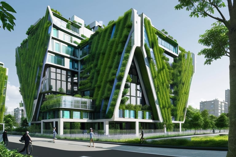 futuristic residential building using advanced technology, with a lot of greenery around it, straight lines, square