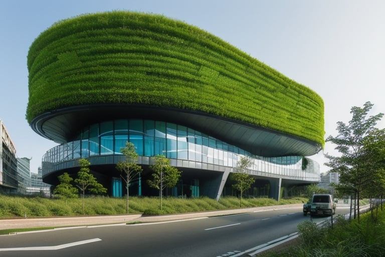 futuristic building that uses advanced technology, with a large amount of vegetation around it, straight lines