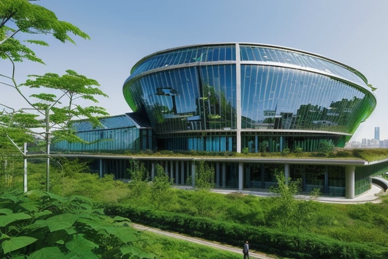 futuristic building that uses advanced technology, with a large amount of vegetation around it, straight lines