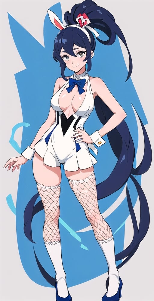 adult pretty woman, bunny gril woman costume, short sexy costume, long hair, black blue hair, very straight hair, big boobs, abstract empty background, light white texture, white and dark blue theme, long fishnet socks, (kiznaiver_art_style: 1.1), confident pose, little smile, ponytail hairstyle