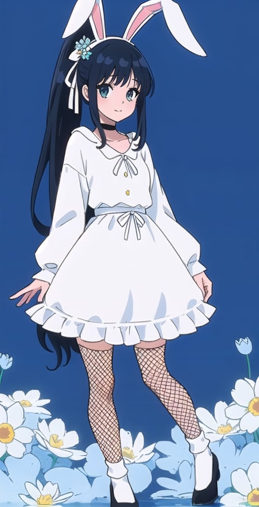 young woman, abstract dark blue background, white and black and blue theme, long black hair, bunnygirl costume,nemu, flowers around, long fishnet socks,Giselle Gewelle, long ponytail