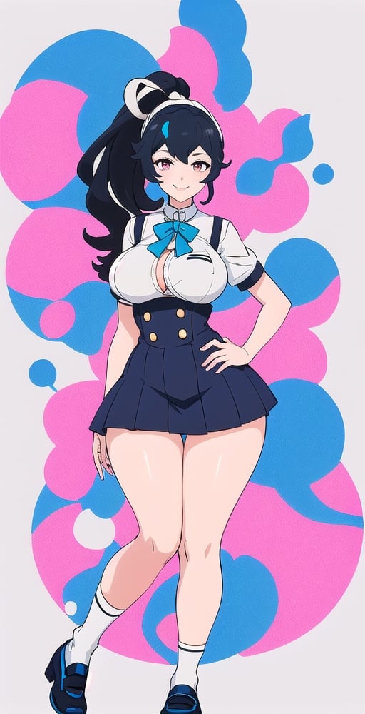 adult pretty woman, schoolgirl uniform, short sexy uniform, long hair, black hair, very straight hair, big boobs, abstract empty background, light white texture, white and blue and pink theme, long fishnet socks, (kiznaiver_art_style: 1.1), big hips, big boobs, confident pose, little smile, ponytail hairstyle