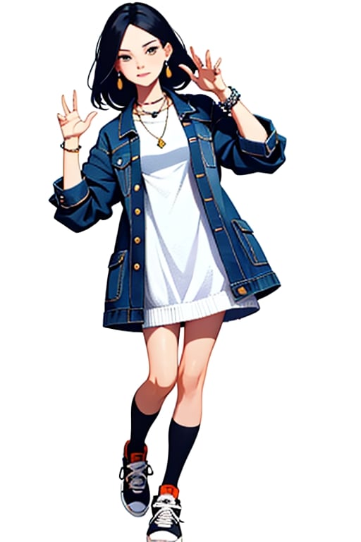 masterpiece, ultra high res, absurdres,
A young woman ,(A white knit dress paired with a denim jacket and sneakers),  She has medium-length, straight hair and a natural makeup. She also wears small earrings and a simple necklace and bracelet, simple background,
looking at viewer,dynamic pose,
dutch angle, 