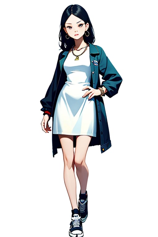 masterpiece, ultra high res, absurdres,
A young woman ,(A white knit dress paired with a denim jacket and sneakers),  She has medium-length, straight hair and a natural makeup. She also wears small earrings and a simple necklace and bracelet, simple background,
looking at viewer,dynamic pose,
dutch angle, 