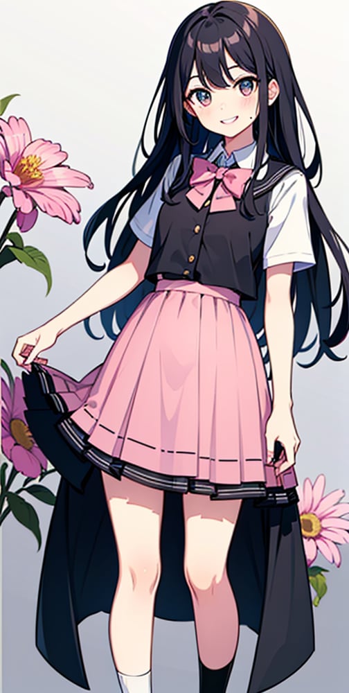 




woman, abstract black and white background, sky blue and light pink clothing theme, long black hair, schoolgirl costume,nemu, flowers around, long fishnet socks,Giselle Gewelle, happy smile