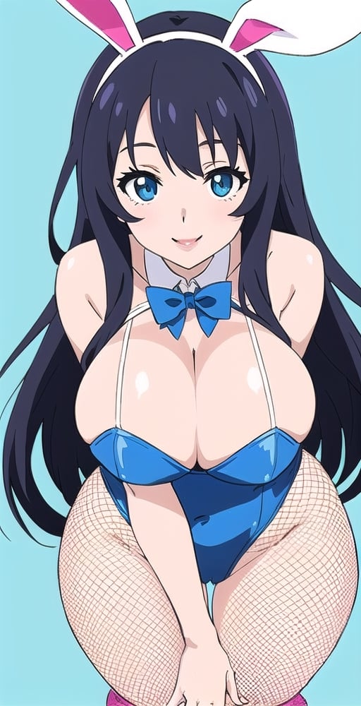 pretty woman girl, long hair, black blue hair, white theme, smile, big boobs, (kyoto animation-art-style: 1.0), pink lips, big hips, tight fishnet socks, bunny girl costume, abstract blue background, (face-closeup: 1.0)