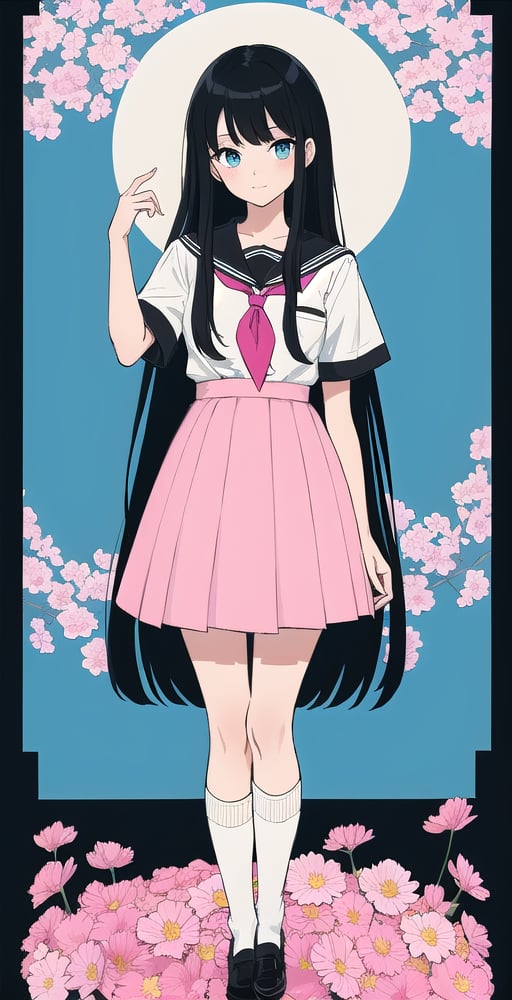 young woman, abstract black and white background, sky blue and light pink clothing theme, long black hair, schoolgirl costume,nemu, flowers around, long fishnet socks,Giselle Gewelle