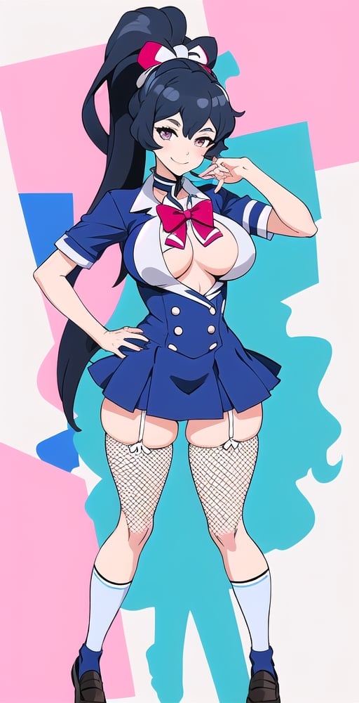 adult pretty woman, schoolgirl uniform, short sexy uniform, long hair, black hair, very straight hair, big boobs, abstract empty background, light white texture, white and blue and pink theme, long fishnet socks, (kiznaiver_art_style: 1.1), big hips, big boobs, confident pose, little smile, ponytail hairstyle