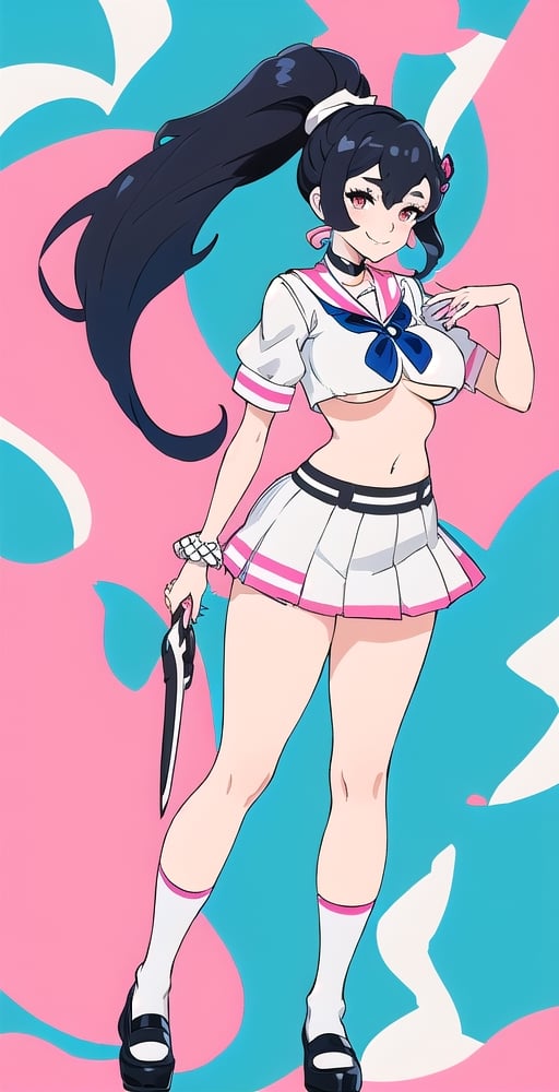 adult pretty woman, schoolgirl uniform, short sexy uniform, long hair, black hair, very straight hair, big boobs, abstract empty background, light white texture, white and blue and pink theme, long fishnet socks, (kiznaiver_art_style: 1.1), big hips, big boobs, confident pose, little smile, ponytail hairstyle