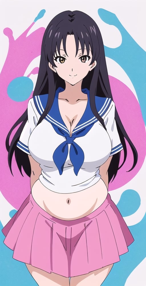 adult pretty woman, woman, schoolgirl uniform, long hair, black hair, very straight hair, big boobs, abstract empty background, light white texture, white and blue and pink theme, (kyoto_animation_art_style: 1.1), big hips, big boobs, little smile