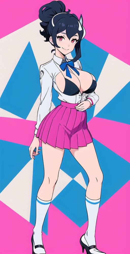 adult pretty woman, schoolgirl costume, short sexy costume, long hair, black hair, very straight hair, big boobs, abstract empty background, light white texture, white and blue and pink theme, long fishnet socks, (kiznaiver_art_style: 1.1), confident pose, little smile, ponytail hairstyle