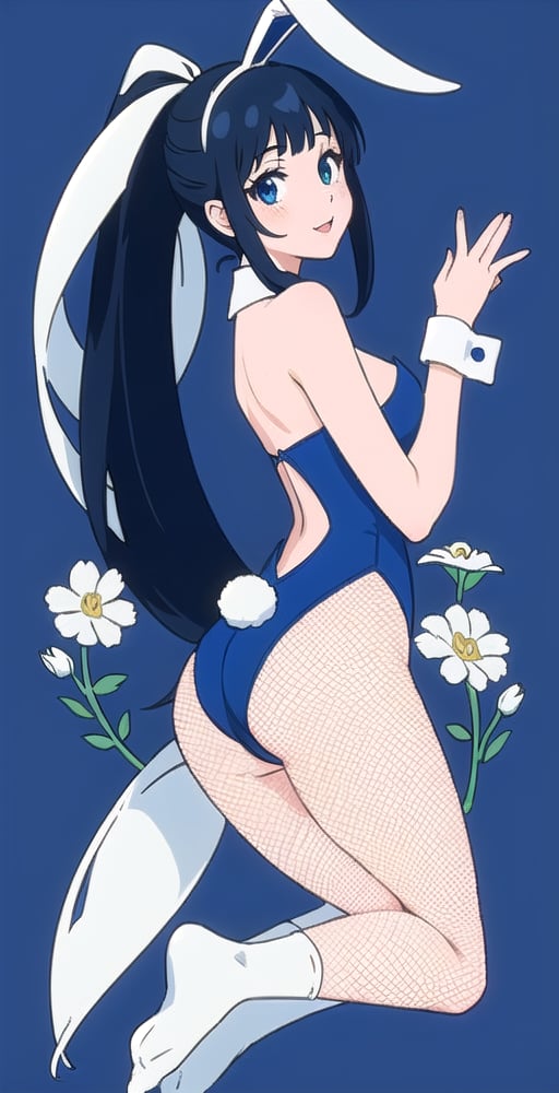 young woman, abstract dark blue background, white and black and blue theme, long black hair, bunnygirl costume,nemu, flowers around, long fishnet socks,Giselle Gewelle, long ponytail