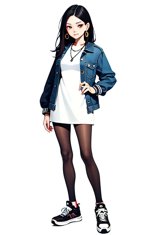 masterpiece, ultra high res, absurdres,
A young woman ,(A white knit dress paired with a denim jacket and sneakers),  She has medium-length, straight hair and a natural makeup. She also wears small earrings and a simple necklace and bracelet, simple background,
looking at viewer,dynamic pose,
dutch angle, 