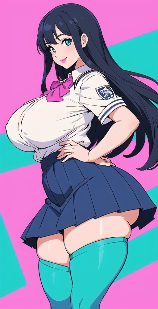 pretty woman girl, long hair, black blue hair, white theme, smile, big boobs, (trigger-art-style: 1.0), pink lips, big hips, tight fishnet socks, schoolgirl uniform, abstract blue background