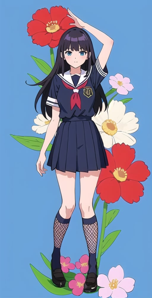 young woman, abstract blue background, clothing theme, long black hair, schoolgirl costume,nemu, flowers around, long fishnet socks, cute 