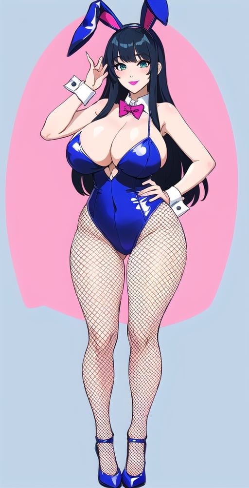 pretty woman girl, long hair, black blue hair, white theme, smile, big boobs, (trigger-art-style: 1.0), pink lips, big hips, tight fishnet socks, bunny girl costume, abstract blue background