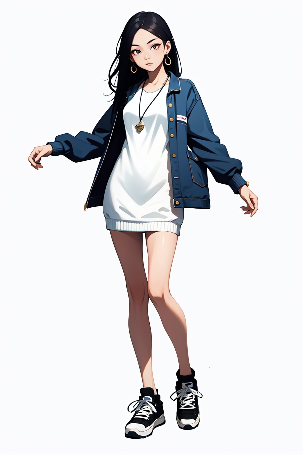 masterpiece, ultra high res, absurdres,
A young woman ,(A white knit dress paired with a denim jacket and sneakers),  She has medium-length, straight hair and a natural makeup. She also wears small earrings and a simple necklace and bracelet, simple background,
looking at viewer,dynamic pose,
dutch angle, 