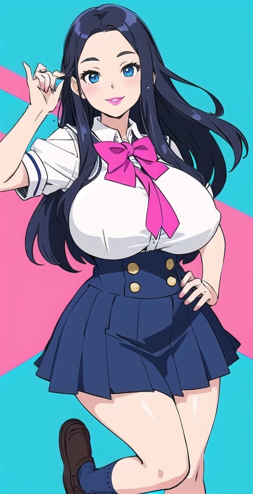 pretty woman girl, long hair, black blue hair, white theme, smile, big boobs, (trigger-art-style: 1.0), pink lips, big hips, tight fishnet socks, schoolgirl uniform, abstract blue background