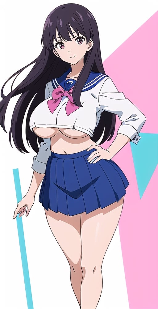 adult pretty woman, woman, schoolgirl uniform, long hair, black hair, very straight hair, big boobs, abstract empty background, light white texture, white and blue and pink theme, little smile, (kyoto_animation_art_style: 1.1), big boobs, little big hips, 