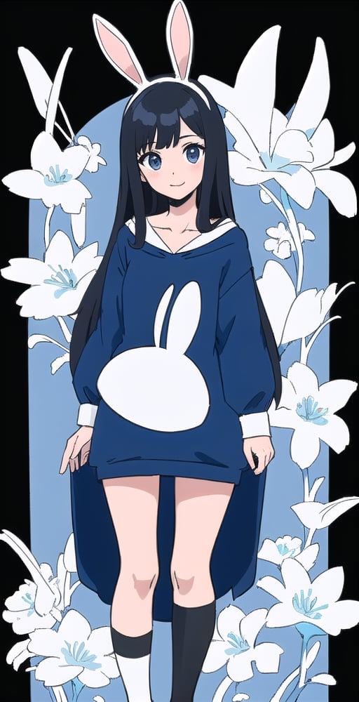 young woman, abstract black and white background, dark blue clothing theme, long black hair, bunnygirl costume,nemu, flowers around, long fishnet socks,Giselle Gewelle