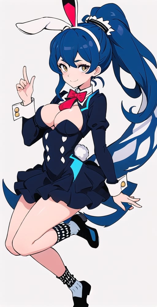 adult pretty woman, bunny gril costume, short sexy costume, long hair, black blue hair, very straight hair, big boobs, abstract empty background, light white texture, white and dark blue theme, long fishnet socks, (kiznaiver_art_style: 1.1), confident pose, little smile, ponytail hairstyle