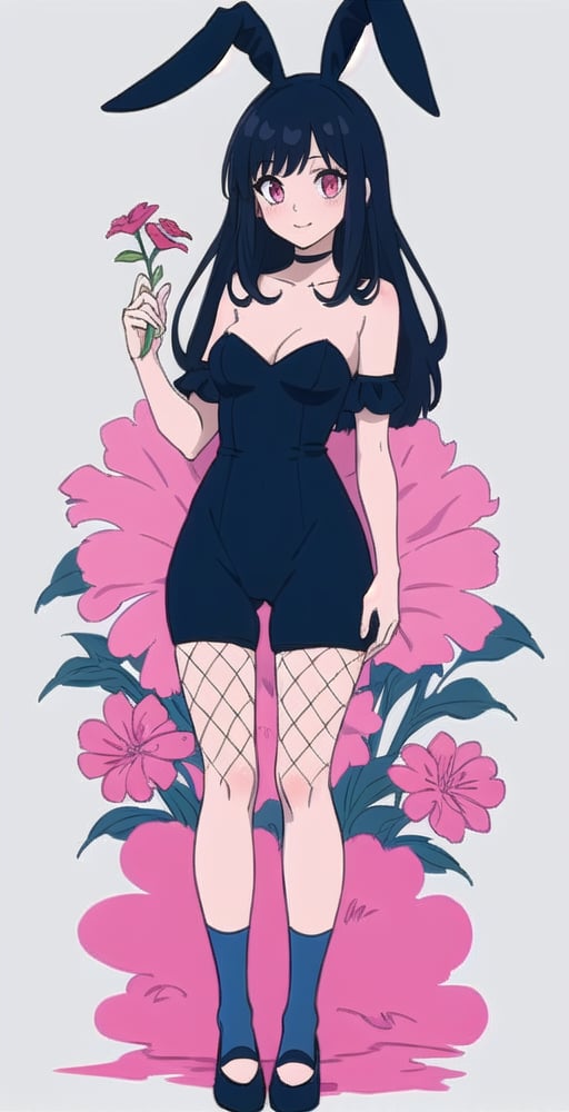 young woman, abstract black and white background, dark blue and hot pink clothing theme, long black hair, bunnygirl costume,nemu, flowers around, long fishnet socks,Giselle Gewelle