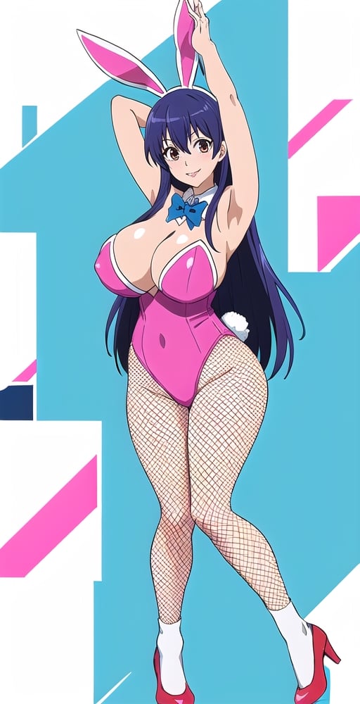 pretty woman girl, long hair, white theme, school room, smile, big boobs, (kyoto animation-art-style: 1.0),eft_nisekoi_chitoge, pink lips, big hips, tight fishnet socks, bunny girl costume, abstract blue background, (one_armpit: 1.0)