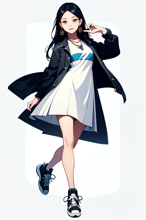 masterpiece, ultra high res, absurdres,
A young woman ,(A white knit dress paired with a denim jacket and sneakers),  She has medium-length, straight hair and a natural makeup. She also wears small earrings and a simple necklace and bracelet, simple background,
looking at viewer,dynamic pose,
dutch angle, 