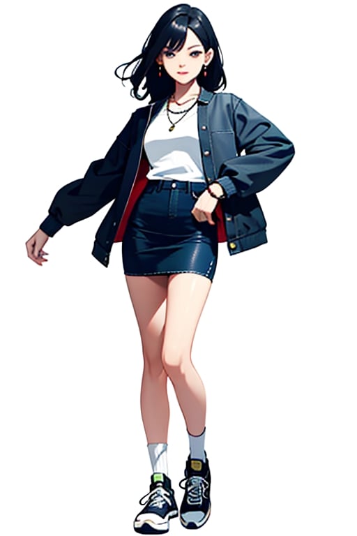 masterpiece, ultra high res, absurdres,
A young woman ,(A white knit dress paired with a denim jacket and sneakers),  She has medium-length, straight hair and a natural makeup. She also wears small earrings and a simple necklace and bracelet, simple background,
looking at viewer,dynamic pose,
dutch angle, 