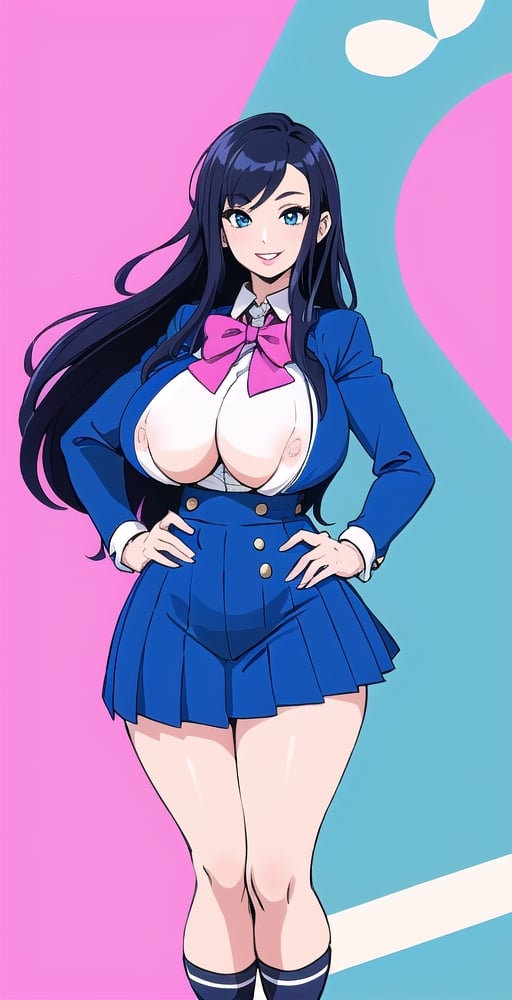 pretty woman girl, long hair, black blue hair, white theme, smile, big boobs, (trigger-art-style: 1.0), pink lips, big hips, tight fishnet socks, schoolgirl uniform, abstract blue background