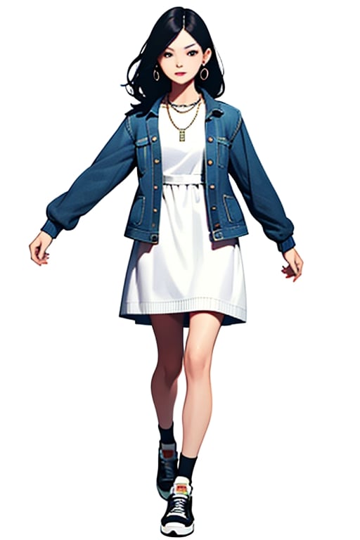 masterpiece, ultra high res, absurdres,
A young woman ,(A white knit dress paired with a denim jacket and sneakers),  She has medium-length, straight hair and a natural makeup. She also wears small earrings and a simple necklace and bracelet, simple background,
looking at viewer,dynamic pose,
dutch angle, 