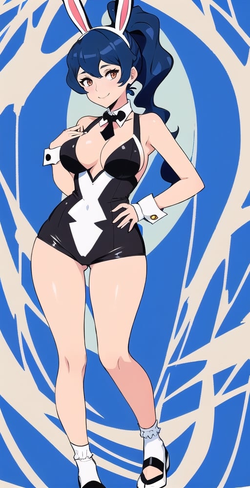 adult pretty woman, bunny woman costume, short sexy costume, long hair, black blue hair, very straight hair, big boobs, abstract empty background, light white texture, white and dark blue theme, long fishnet socks, (kiznaiver_art_style: 1.1), confident pose, little smile, ponytail hairstyle