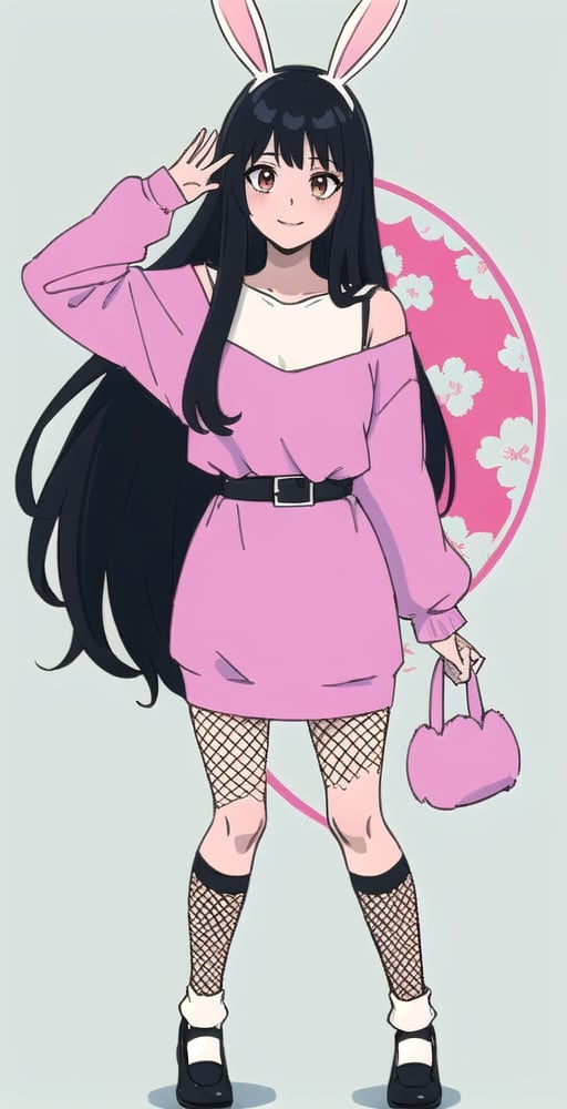 young woman, abstract black and white background, dark green and hot pink clothing theme, long black hair, bunnygirl costume,nemu, flowers around, long fishnet socks,Giselle Gewelle