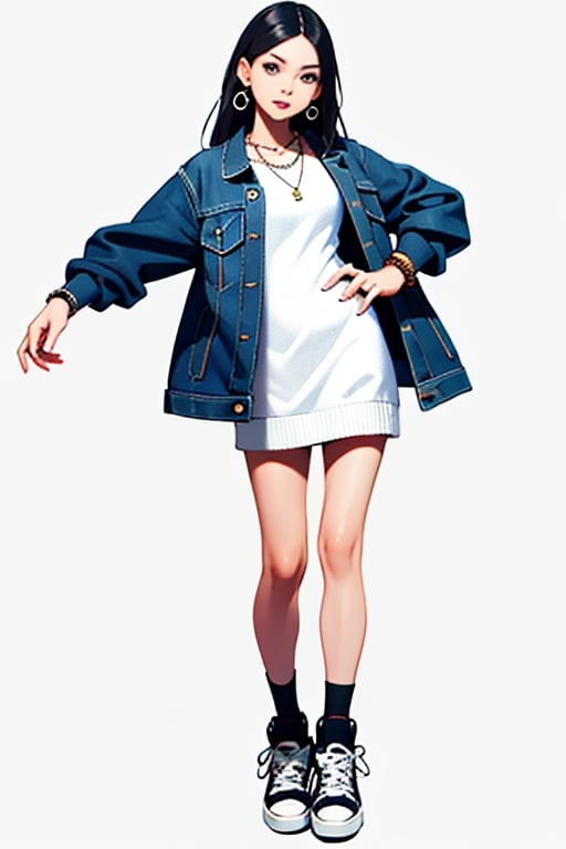 masterpiece, ultra high res, absurdres,
A young woman ,(A white knit dress paired with a denim jacket and sneakers),  She has medium-length, straight hair and a natural makeup. She also wears small earrings and a simple necklace and bracelet, simple background,
looking at viewer,dynamic pose,
dutch angle, 