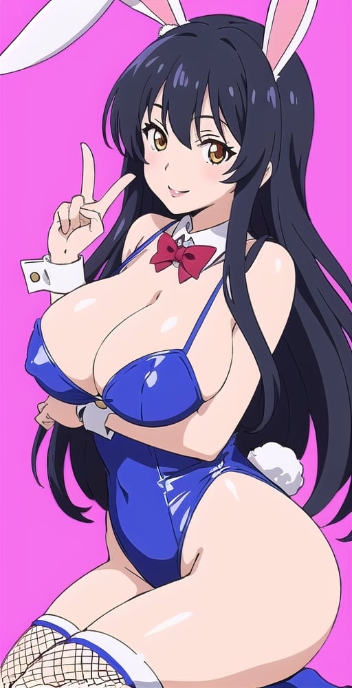 pretty woman girl, long hair, black blue hair, white theme, smile, big boobs, (kyoto animation-art-style: 1.0), pink lips, big hips, tight fishnet socks, bunny girl costume, abstract blue background, (top-side-closeup: 1.0)