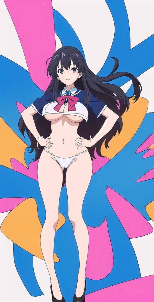 adult pretty woman, woman, schoolgirl uniform, long hair, black hair, very straight hair, big boobs, abstract empty background, light white texture, white and blue and pink theme, (kyoto_animation_art_style: 1.1), big hips, big boobs, little smile