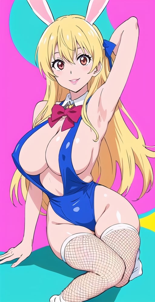 pretty woman girl, long hair, white theme, school room, smile, big boobs, (kyoto animation-art-style: 1.0),eft_nisekoi_chitoge, pink lips, big hips, tight fishnet socks, bunny girl costume, abstract blue background, (one_armpit: 1.0)