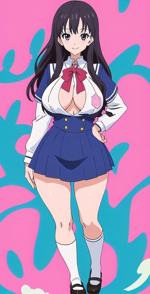 adult pretty woman, woman, schoolgirl uniform, long hair, black hair, very straight hair, big boobs, abstract empty background, light white texture, white and blue and pink theme, little smile, (kyoto_animation_art_style: 1.1), big boobs, big hips, long fishnet socks