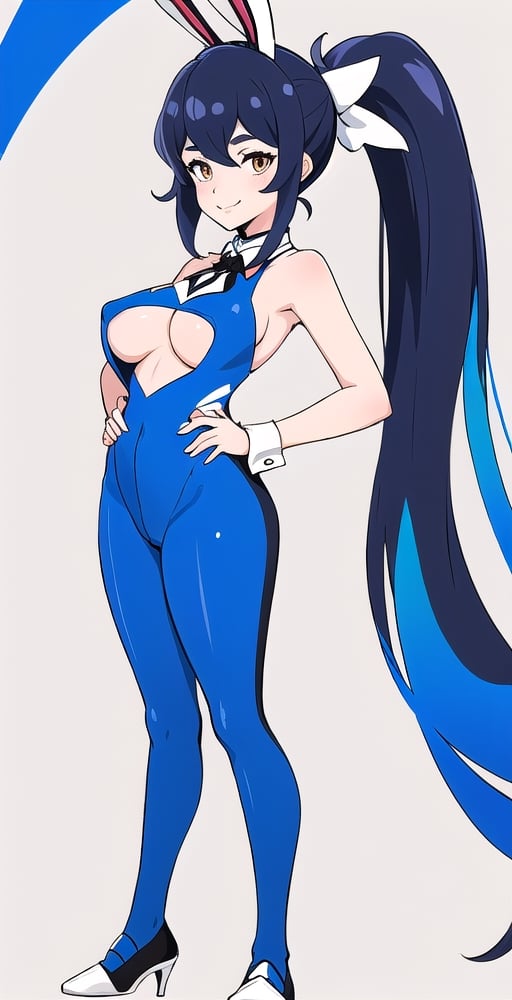 adult pretty woman, bunny gril costume, short sexy costume, long hair, black blue hair, very straight hair, big boobs, abstract empty background, light white texture, white and dark blue theme, long fishnet socks, (kiznaiver_art_style: 1.1), confident pose, little smile, ponytail hairstyle