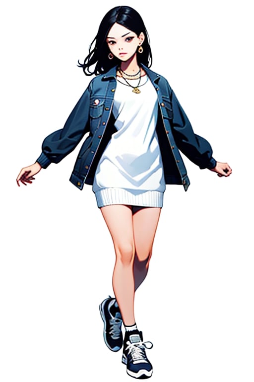 masterpiece, ultra high res, absurdres,
A young woman ,(A white knit dress paired with a denim jacket and sneakers),  She has medium-length, straight hair and a natural makeup. She also wears small earrings and a simple necklace and bracelet, simple background,
looking at viewer,dynamic pose,
dutch angle, 