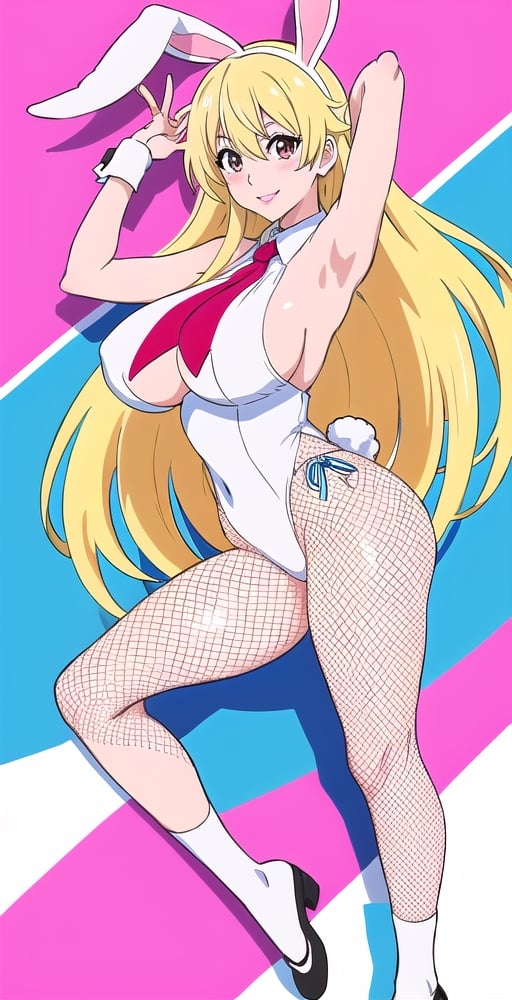 pretty woman girl, long hair, white theme, school room, smile, big boobs, (kyoto animation-art-style: 1.0),eft_nisekoi_chitoge, pink lips, big hips, tight fishnet socks, bunny girl costume, abstract blue background, one armpit exposing pose