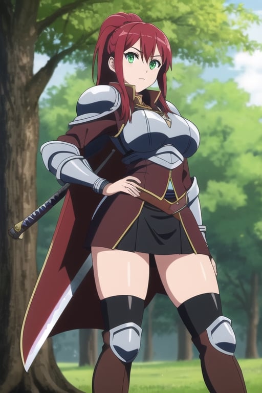 ((masterpiece, best quality)), 1girl, solo, red hair, (armor), pony tail, pose, miniskirt, thighboots, outdoors, woods, green eyes, breasts, thighs, Big sword