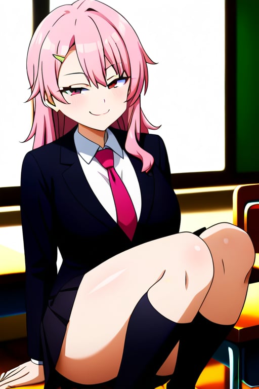 ((masterpiece, best Quality)), 1girl,  solo,  pink hair,  hairclip, black suit, tie, long sleeves, black skirt, smug, kneehighs, thick legs, classroom, Benisumomo, pleated skirt, one knee, mature body