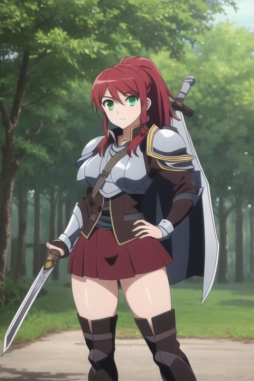 ((masterpiece, best quality)), 1girl, solo, red hair, (armor), pony tail, pose, miniskirt, thighboots, outdoors, woods, green eyes, breasts, thighs, Big sword