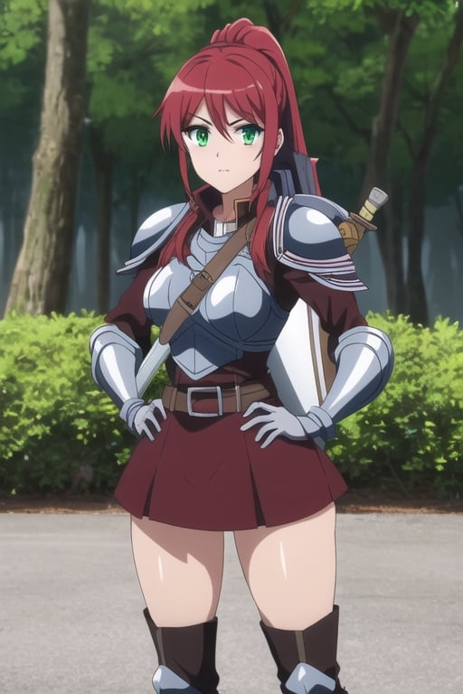 ((masterpiece, best quality)), 1girl, solo, red hair, (armor),long pony tail, pose, miniskirt, thighboots, outdoors, woods, green eyes, breasts, thighs, Big sword, sexy