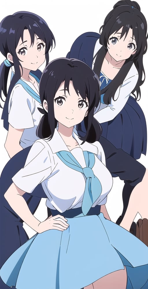 woman, long black hair, smile, (white and light blue-background:1.1), (hibike euphonium-style:1.1), schoolgirl, pretty, big hips,koe no katachi, long ponytail hairstyle