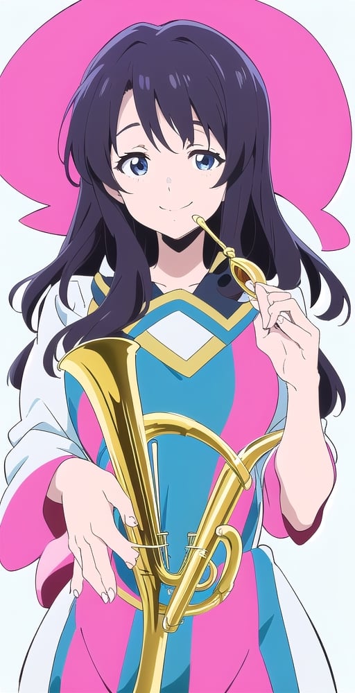 woman, long hair, (saturated colors: 1.1), smile, (white and light blue-background: 1.1), (hibike euphonium-style: 1.1),koe no katachi