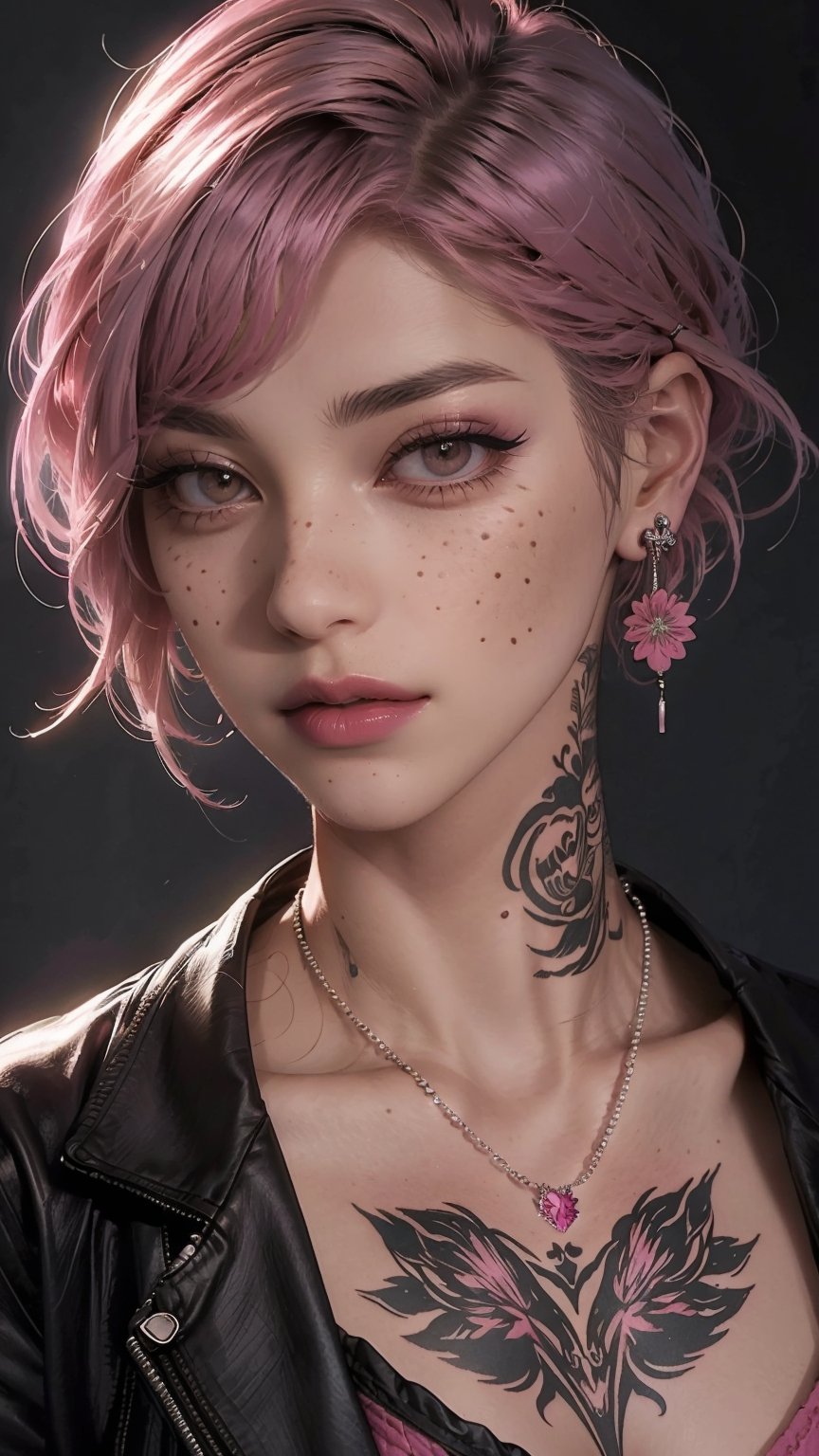 1girl, solo, looking at viewer, short hair, brown eyes, jewelry, closed mouth, collarbone, jacket, pink hair, earrings, necklace, lips, black jacket, eyelashes, tattoo, makeup, portrait, freckles, nose, very short hair, mascara, neck tattoo