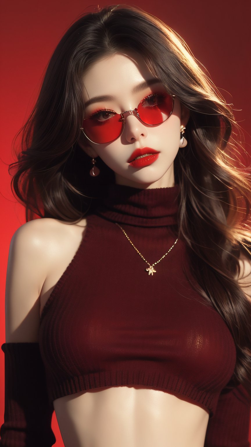 1girl, solo, white background, long hair, looking at viewer, brown hair, sweater, jewelry, closed mouth, black sweater, high neck, midriff, earrings, chunky knit sweater, necklace, lips, , head tilt, dark sunglass, makeup, formal, lipstick, red background, red lips, (brilliant composition),upper_body