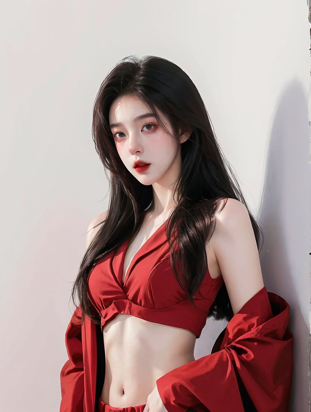 (masterpiece),realistic,anime art,white background,indoor, photography shoot, 1girl with natural face, solo, webtoon art, black hair, red suit, midriff, twilight, cinematic wall background,(brilliant composition) 
detailed photo, raw photo, hyper realistic, ultra detailed